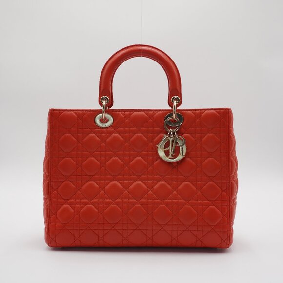 Pre-owned Dior Orange Cannage Lamb Lady Dior 2-Way Bag Large - Picture 1 of 6